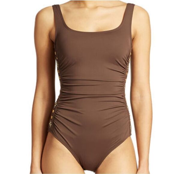 MICHAEL Michael Kors - Boho Solids U-Neck Shirred Maillot Women's swimsuit - Picture 1 of 5